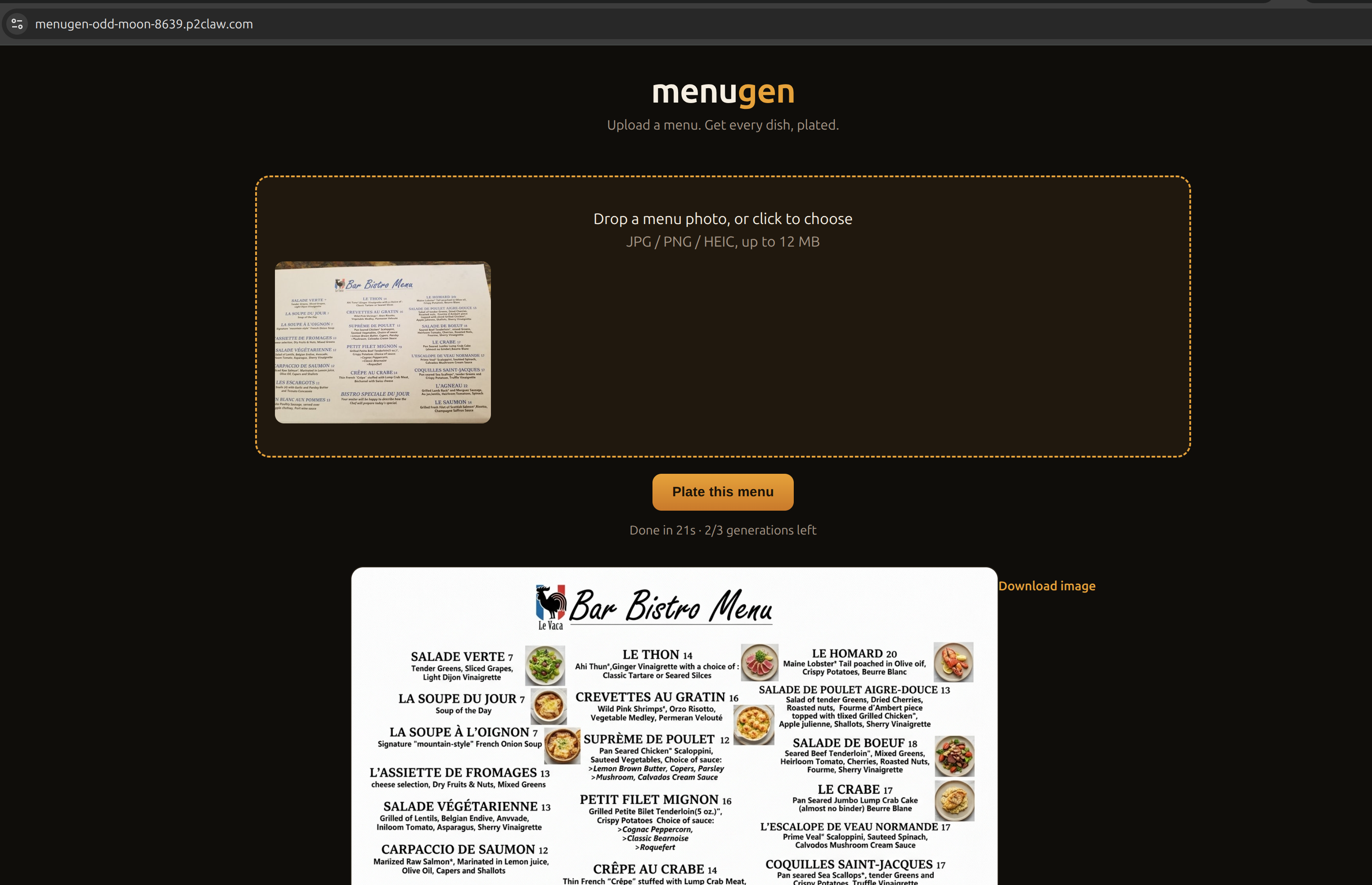 menugen running at menugen-odd-moon-8639.p2claw.com